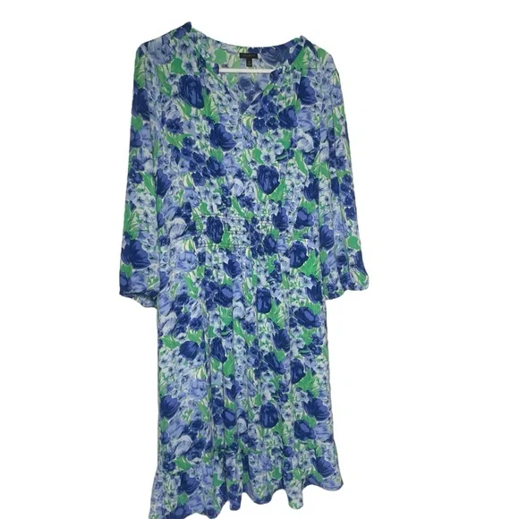 Talbots Botanical Garden Blue Green Long Sleeve Dress Floral 14 - Picture 2 of 8